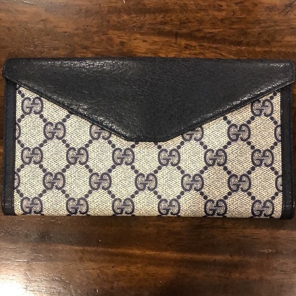 GUCCI GG Monogram Navy Blue Leather Coated Canvas Long Bifold Wallet Vintage - Picture 4 of 17